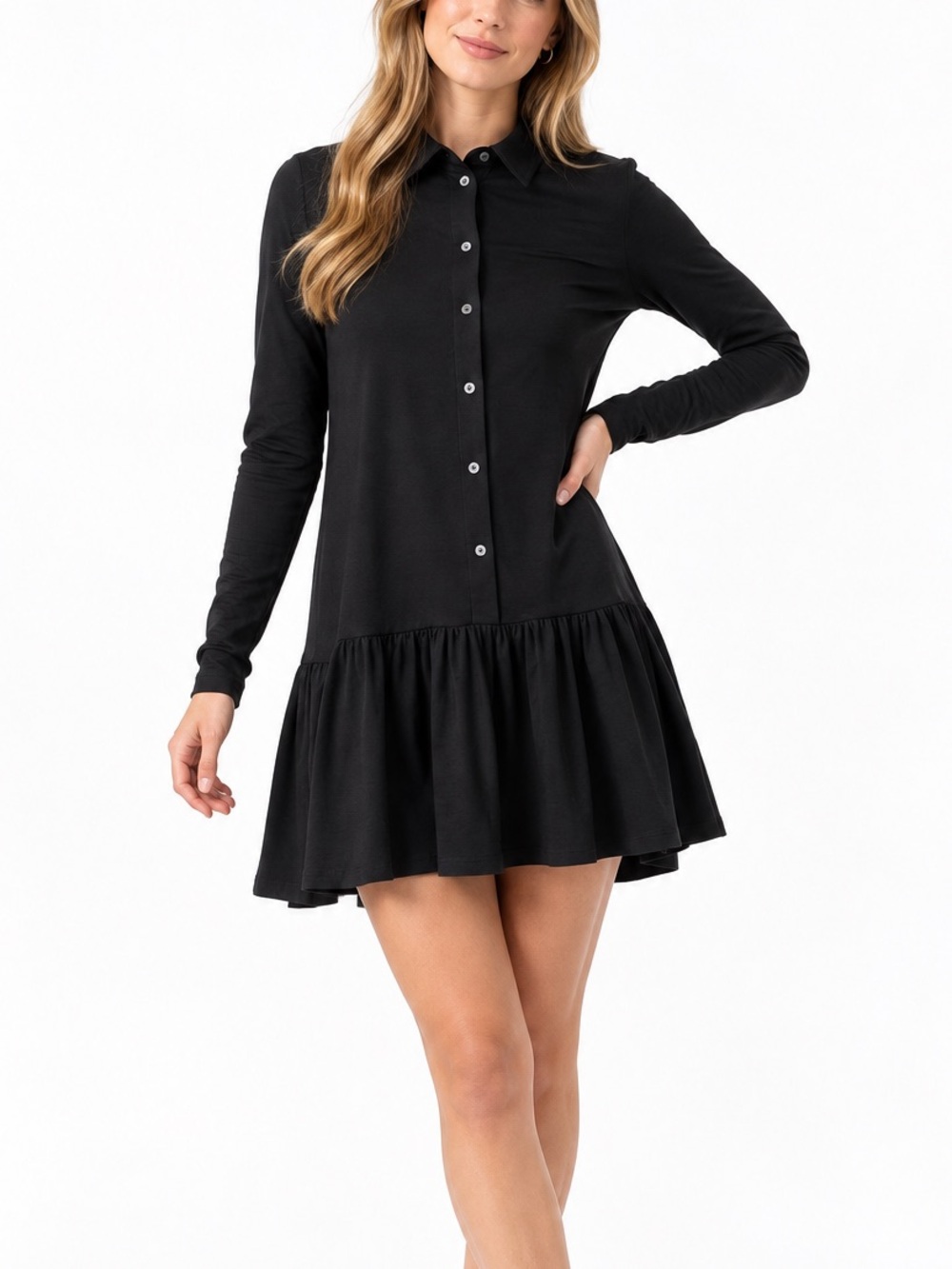 Saint + Sofia Black Button Front Drop Waist Ruffle Mini Dress US 6 Classy Chic